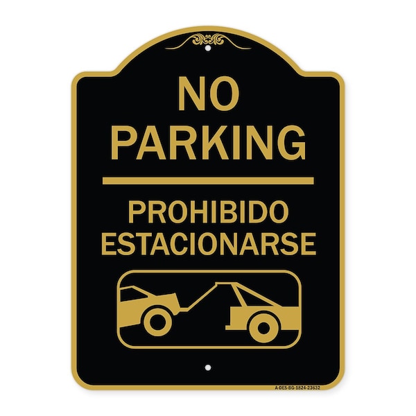 Signmission No Parking-Prohibido Estacionarse W/ Car Tow Graphic, Black & Gold Alum, 18" x 24", BG-1824-23632 A-DES-BG-1824-23632 - main